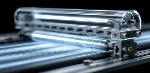 Obraz premium High speed industrial printing machine in motion producing lines of text