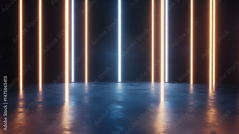 Poster dramatic glowing neon lines creating a futuristic geometric pattern in an empty reflective studio sp