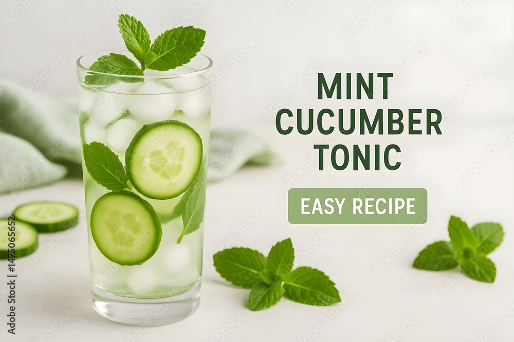Poster a refreshing mint cucumber tonic with ice, cucumber slices, and mint leaves, accompanied by the reci