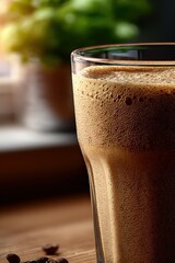 Protein shake in a glass sitting on a wooden table by a window