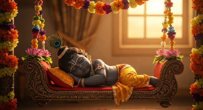 Baby Krishna Sleeping in Cradle