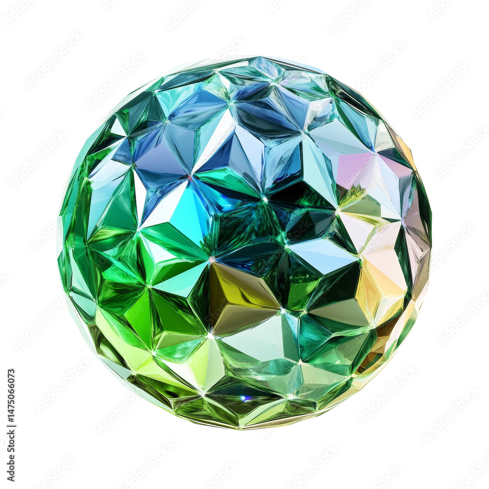 Poster Iridescent faceted sphere showcasing a spectrum of shimmering greens and blues on clear backdrop