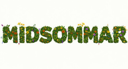 MIDSOMMAR text made of grass and flowers, floral lettering illustration for summer themes, seasonal designs, and social media