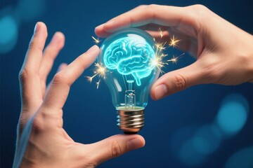 A human hand holding a glowing lightbulb with brain inside representing innovation and ideas