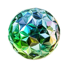 Iridescent faceted sphere showcasing a spectrum of shimmering greens and blues on clear backdrop