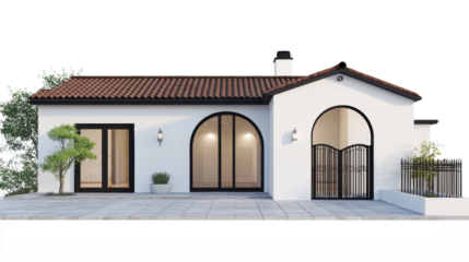 Elegant Mediterranean Style Villa with Archways, Landscaping and an Isolated Transparent Background