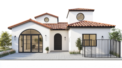 Charming mediterranean style house exterior with white walls and terracotta roof tiles