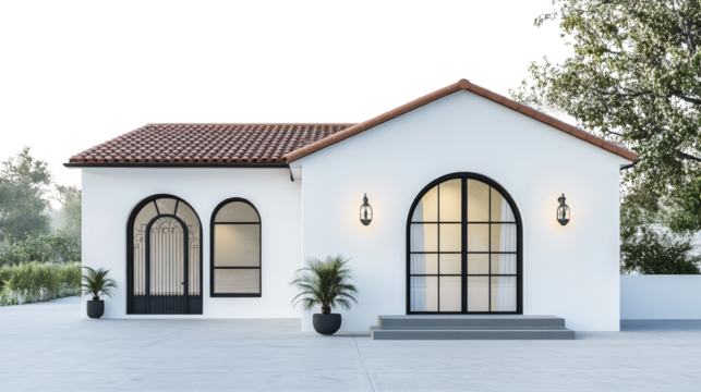 Serene architectural rendering of a modern house with a white facade and clay tile roof isolated