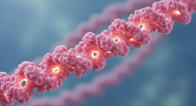 Microscopic view of DNA strand genetic code helix biology science research medical healthcare pharmaceutical biotechnology genetic engineering chromosome cell