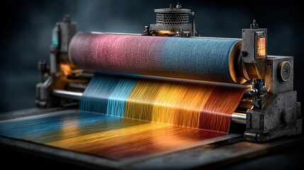 Fototapeta premium Vintage Textile Machine Weaving Colorful Threads Fabric Production