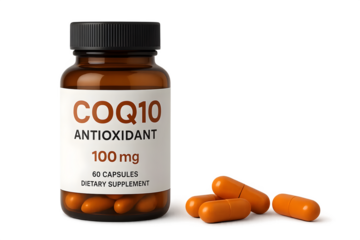 A brown bottle of CoQ10 dietary supplement containing 60 orange capsules labeled as an antioxidant with a dosage of 100 mg. Concept CoQ10 Supplement Facts, Antioxidant Benefits, 100 mg Dosage