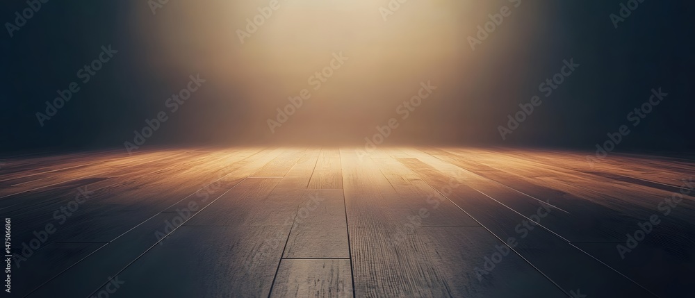 Poster an empty wooden stage with dramatic spotlighting creating a dark atmospheric setting ready for a per