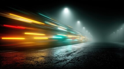 Night Road Scene with Fast Moving Vehicle Lights Trails in Fog