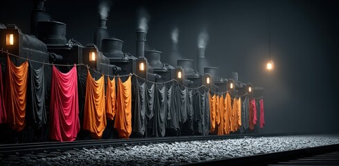 Steam Locomotives with Colorful Robes Drying on a Misty Night