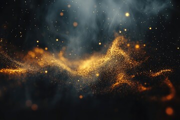 Golden particles swirling in dark smoky atmosphere.  Abstract digital art.  Particles form undulating waves