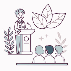 Speaker presenting at a podium with an audience and plant elements on a light background