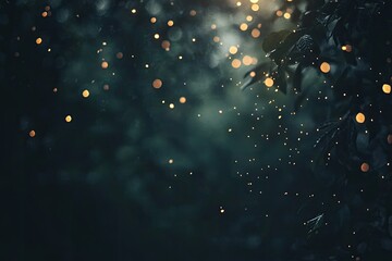 A dark, enchanting forest scene, filled with glittering particles and soft, warm light