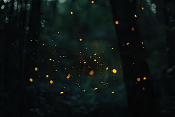 Golden sparks dance in a dark forest.  Blurred, out-of-focus trees and foliage create a mystical, atmospheric scene