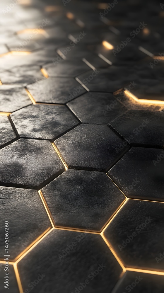 Poster a close up view of a dark industrial style surface with a repeating pattern of reflective metallic h