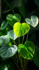 A close up view of vibrant heart shaped green leaves in a thriving verdant natural environment showcasing the intricate patterns and textures of the foliage