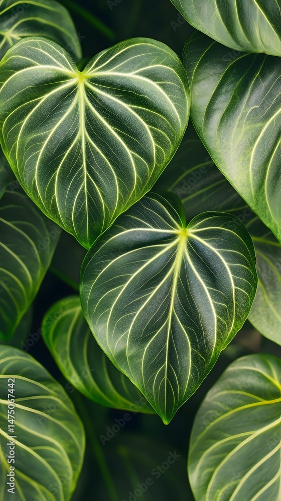 Poster a close up view of various large vibrant green leaves with intricate veining patterns creating a ser