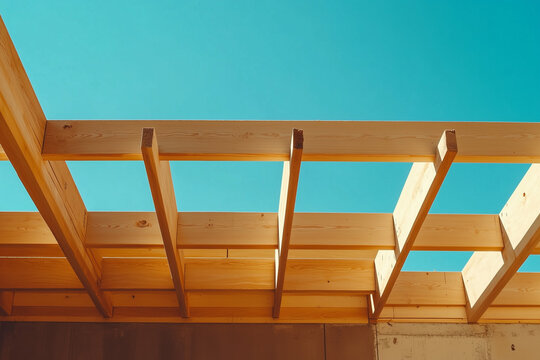 Wooden Roof Frame Structure Against A Blue Sky