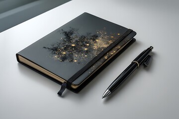 Black and gold notebook with pen on a desk