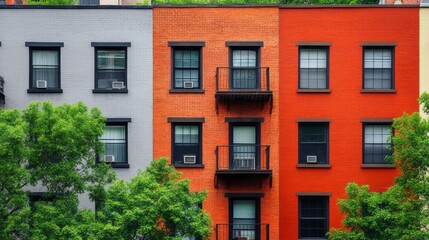 Naklejka premium Row of colorful buildings with lush greenery.