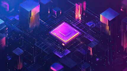 Digital cityscape design with glowing central square.