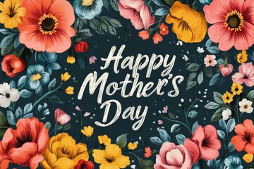 Floral Mother's Day greeting card, featuring various flowers in vibrant colors, including red, orange, yellow, pink, and blue, surrounding the text Happy Mother's Day