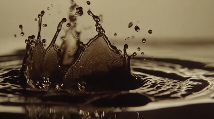 Dramatic Close Up of Dark Liquid Splash and Droplets in Motion Studio Shot with Neutral Background