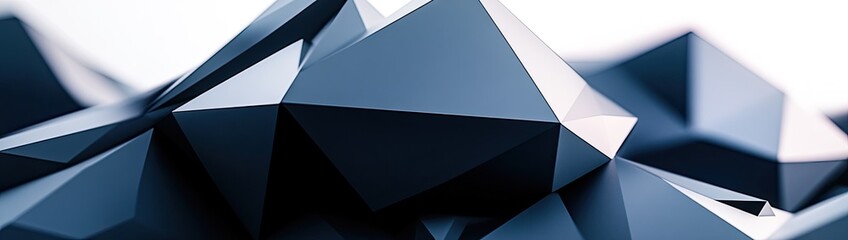 Dark, geometric shapes, layered in a 3D design, with various facets and angles