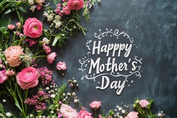 A Mother's Day greeting card, featuring a dark gray textured background, adorned with fresh pink and white flowers, herbs, and greenery, with the words Happy Mother's Day written in a script font