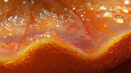 Close-up of a juicy orange segment with water droplets on a ribbed surface