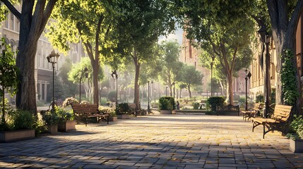 Obraz premium Green Trees Surrounding Pathway in Urban Park on Sunny Day high resolution picture