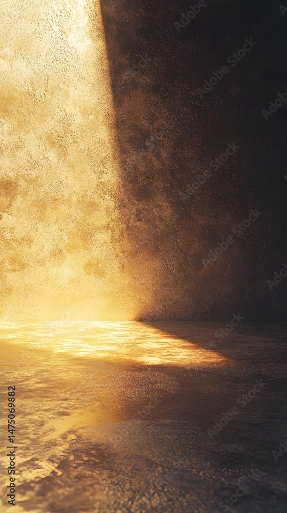 Poster a tranquil subterranean pool with a mirror like surface reflecting the warm luminous light filtering