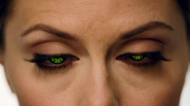 Intense gaze with reptilian eyes staring intently, captivating with unique, detailed, bright green snake-like irises and dark eyelashes.