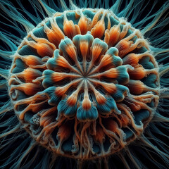 Obraz premium Symmetrical Microscopic Organism with Concentric Teal and Orange Segments