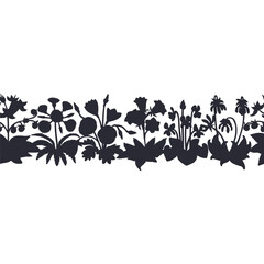 Fototapeta premium Stripe pattern with black silhouette canary islands flowers. Floral horizontal seamless border with monochrome hand drawn millefleur style botanicals. Vector illustration