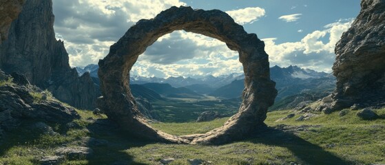 Fototapeta premium Scenic mountain landscape with natural stone archway framing distant peaks under a cloudy sky, wide angle view, idyllic nature scene