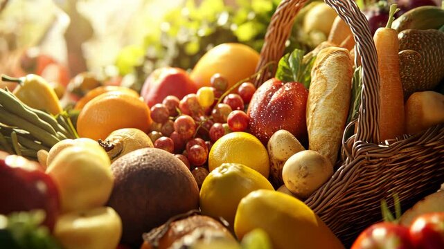 Vibrant harvest bounty: fresh fruits and vegetables in sunlit basket with nature backdrop