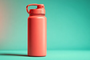 Coral-colored insulated water bottle on a teal background.