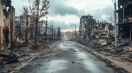Fototapeta premium Post-Fire Urban Landscape Desolated Street Scene, Devastation, Destruction, Aftermath , disaster , war
