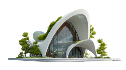 Modern architectural design of a unique building with greenery