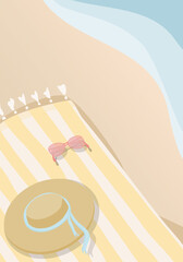 summer holiday background with  towel, glasses and hat, beach holiday