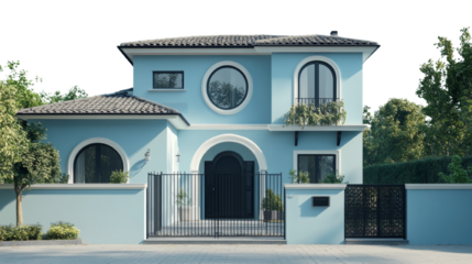 Exquisite blue villa, adorned with arched windows and meticulously manicured landscaping, radiating elegance
