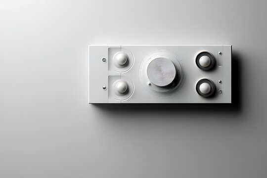 A minimalist white audio control panel with knobs and buttons.