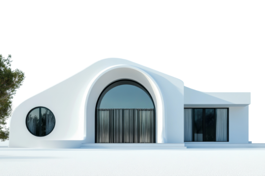 Futuristic white house architecture on isolated transparent background, minimalist design, smooth curves, and modern aesthetics, concept rendering