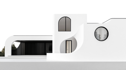 Striking minimalist architectural model showcasing modern design with clean lines, curves and geometric shapes