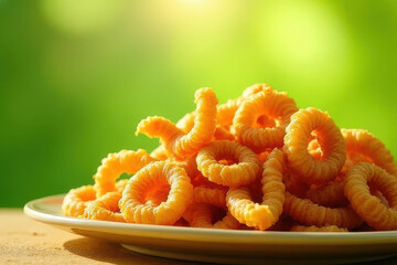 Tempting Fried Calamari on Sage Green Background: Clean Food Photography with Sunset Window Light